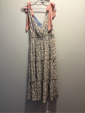 Floral Tie-Shoulder Maxi Dress in Pink and Cream